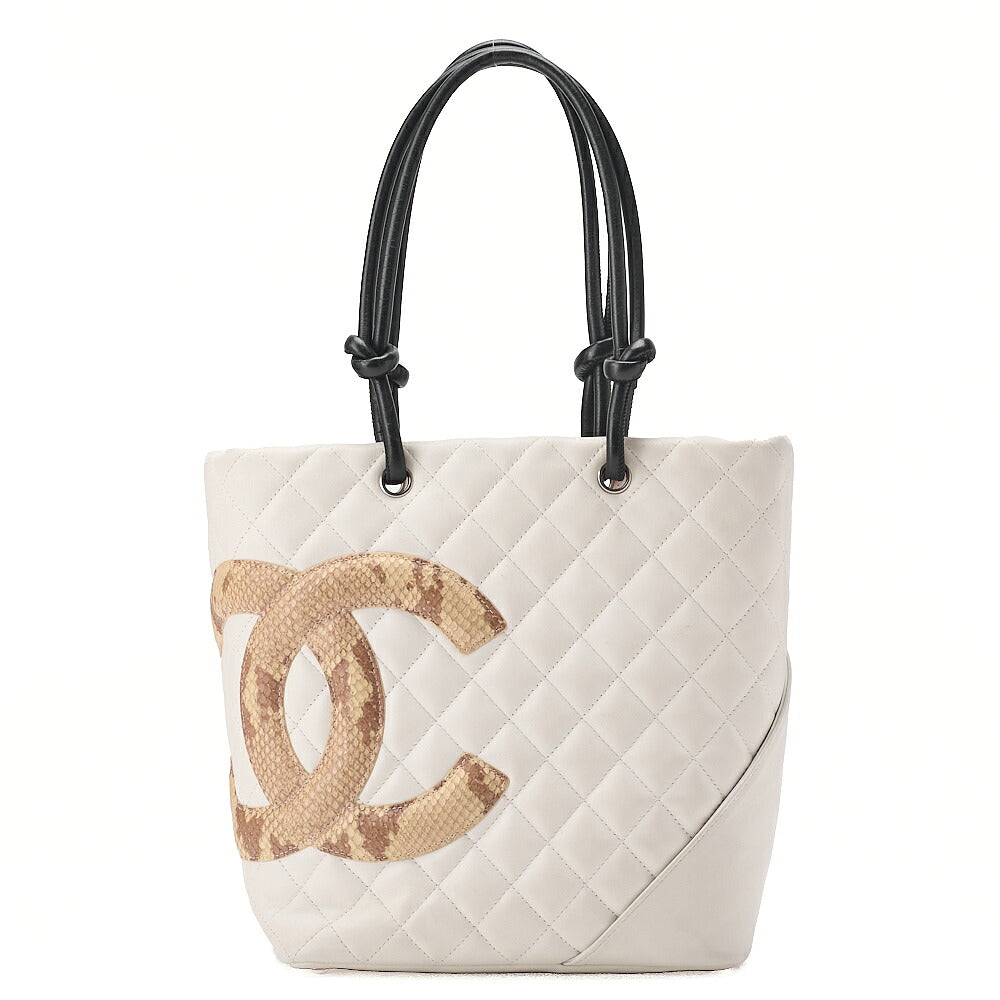 CHANEL Calf Leather x Python Cambon Line Medium Tote Bag White Silver-Tone Hardware, Pre-Owned