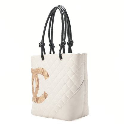 CHANEL Calf Leather x Python Cambon Line Medium Tote Bag White Silver-Tone Hardware, Pre-Owned
