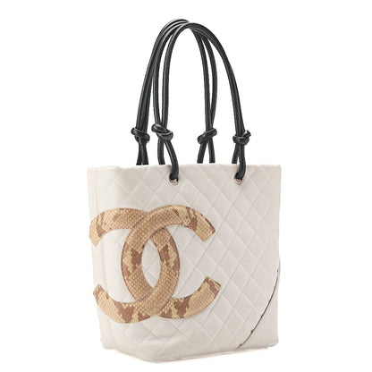 CHANEL Calf Leather x Python Cambon Line Medium Tote Bag White Silver-Tone Hardware, Pre-Owned