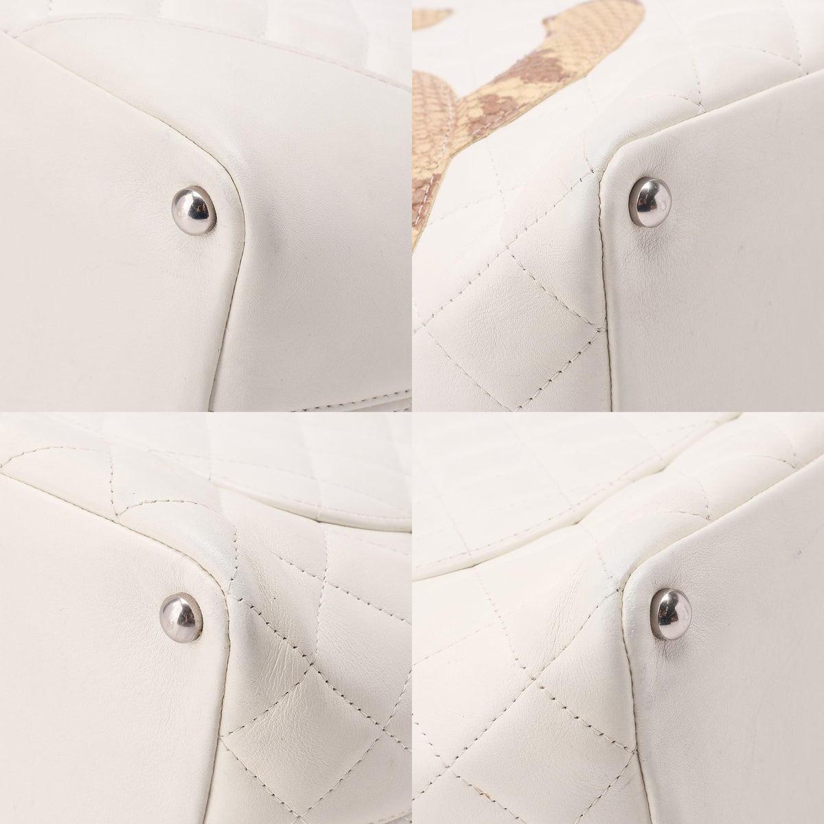 CHANEL Calf Leather x Python Cambon Line Medium Tote Bag White Silver-Tone Hardware, Pre-Owned