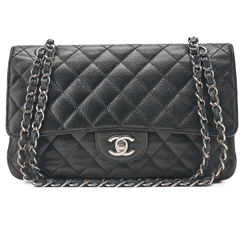 CHANEL Caviar Skin Matelasse Double Flap 25cm Chain Shoulder Black Silver-Tone Hardware, Pre-Owned