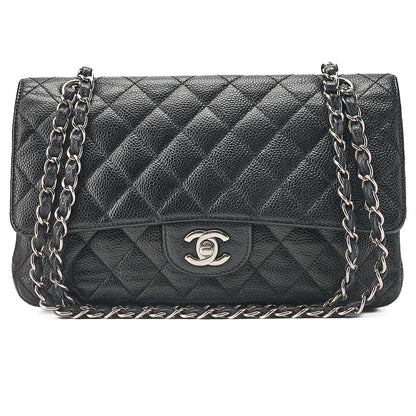 CHANEL Caviar Skin Matelasse Double Flap 25cm Chain Shoulder Black Silver-Tone Hardware, Pre-Owned