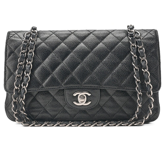 CHANEL Caviar Skin Matelasse Double Flap 25cm Chain Shoulder Black Silver-Tone Hardware, Pre-Owned