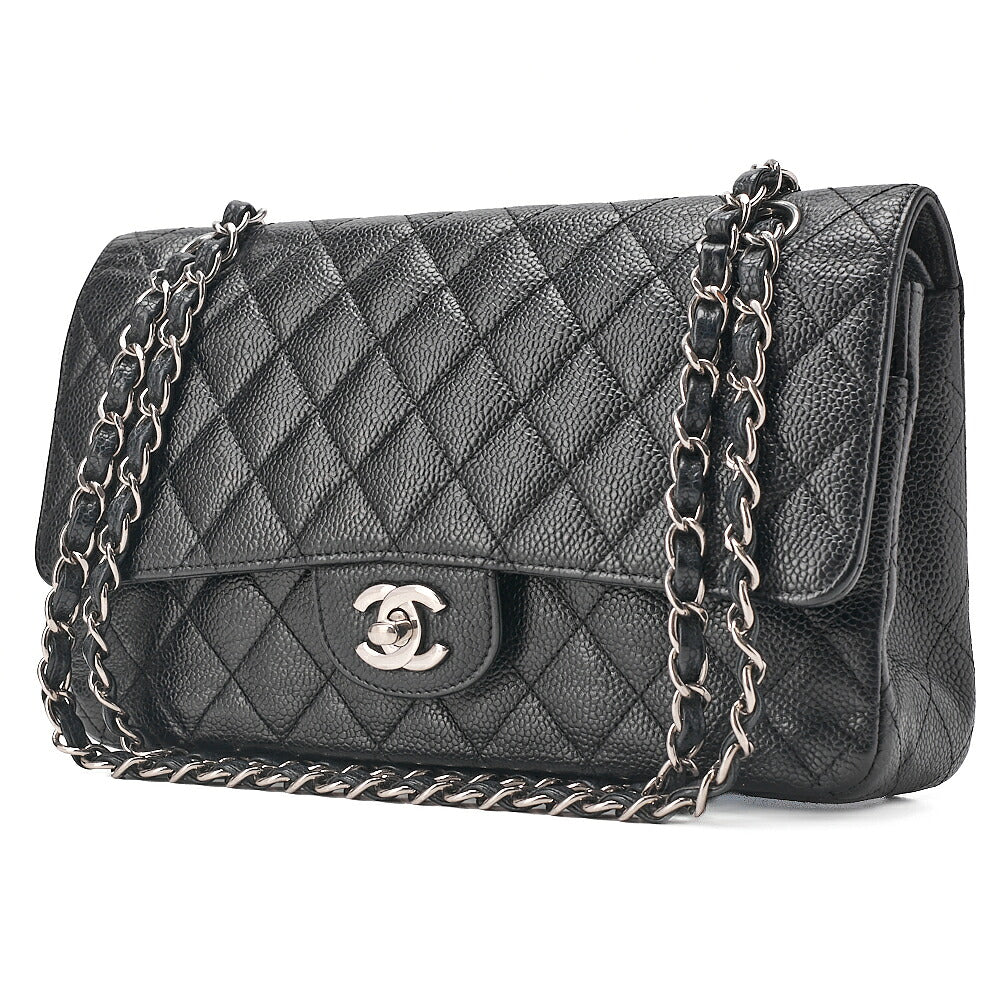 CHANEL Caviar Skin Matelasse Double Flap 25cm Chain Shoulder Black Silver-Tone Hardware, Pre-Owned