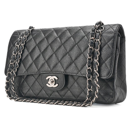 CHANEL Caviar Skin Matelasse Double Flap 25cm Chain Shoulder Black Silver-Tone Hardware, Pre-Owned