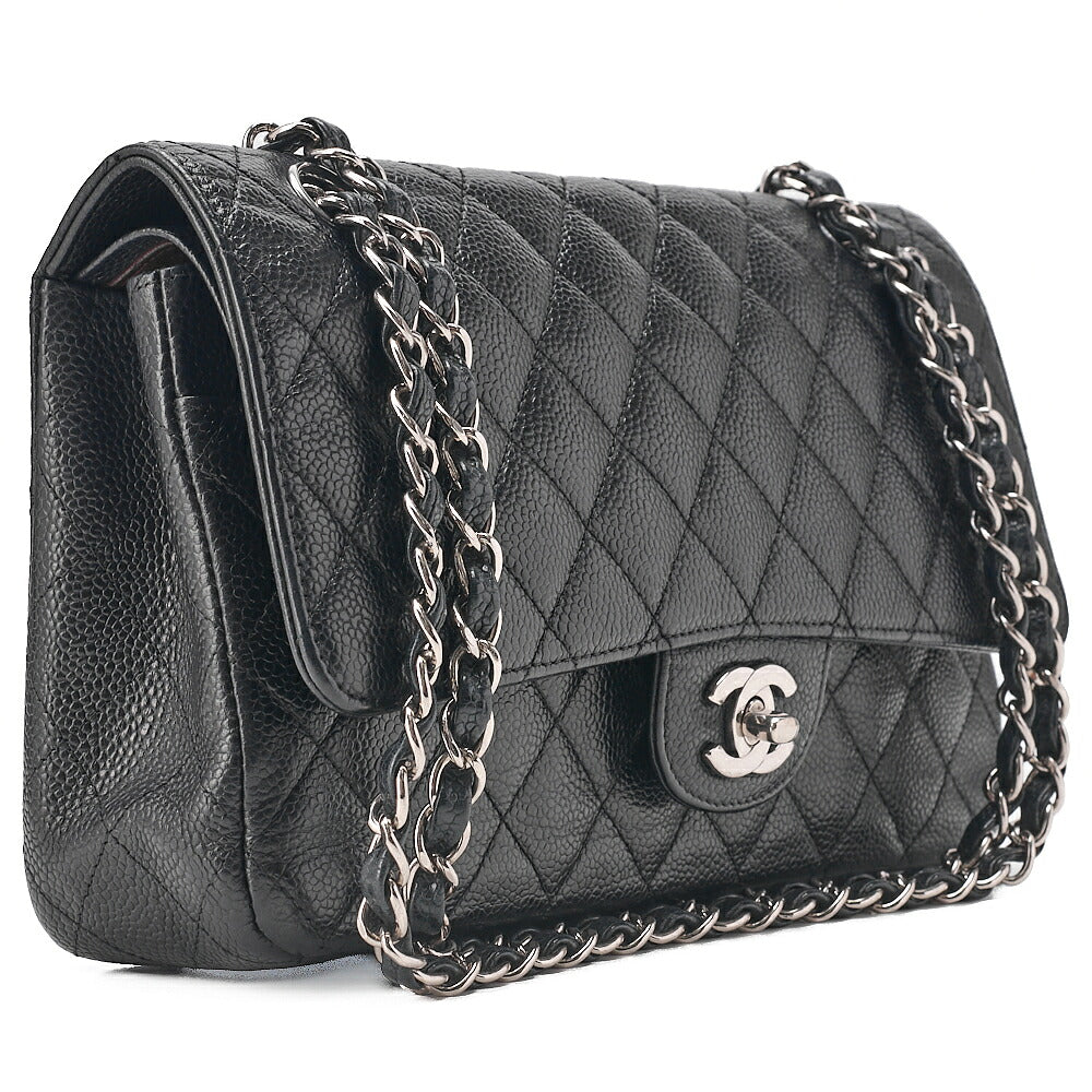 CHANEL Caviar Skin Matelasse Double Flap 25cm Chain Shoulder Black Silver-Tone Hardware, Pre-Owned