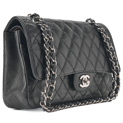 CHANEL Caviar Skin Matelasse Double Flap 25cm Chain Shoulder Black Silver-Tone Hardware, Pre-Owned