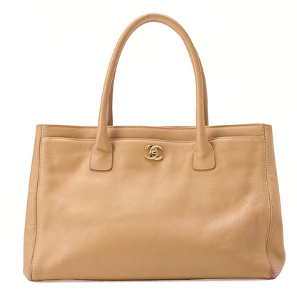 CHANEL Caviar Skin Executive Turn Lock Tote Bag Beige Silver-Tone Hardware, Pre-Owned