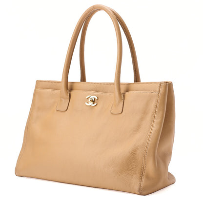 CHANEL Caviar Skin Executive Turn Lock Tote Bag Beige Silver-Tone Hardware, Pre-Owned