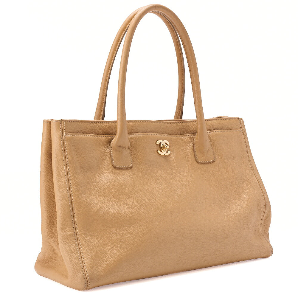 CHANEL Caviar Skin Executive Turn Lock Tote Bag Beige Silver-Tone Hardware, Pre-Owned