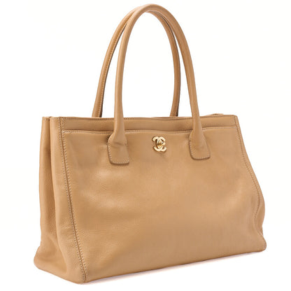 CHANEL Caviar Skin Executive Turn Lock Tote Bag Beige Silver-Tone Hardware, Pre-Owned