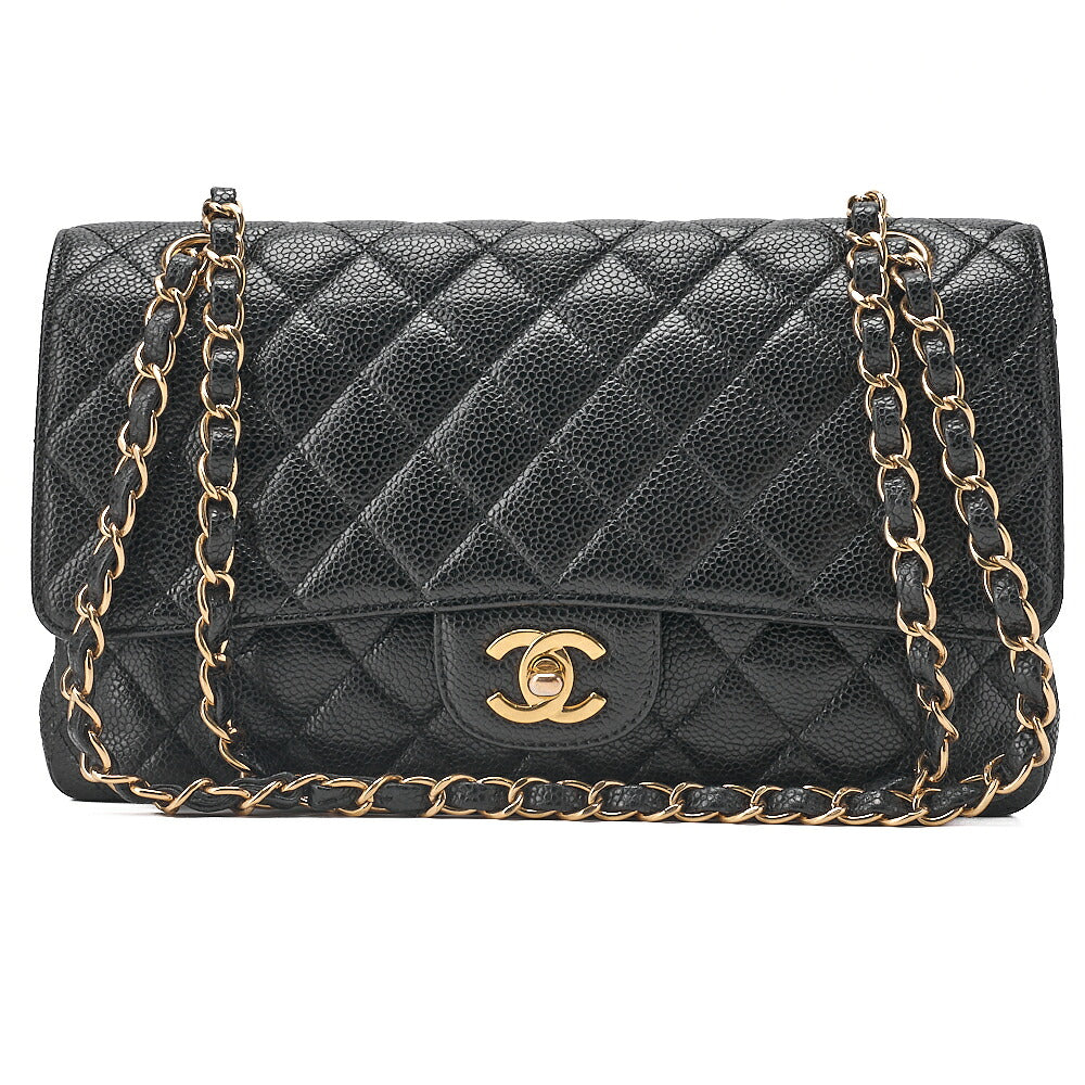 CHANEL Caviar Skin Matelasse Double Flap 25cm Chain Shoulder Black Gold-Tone Hardware, Pre-Owned