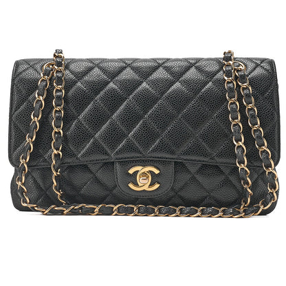 CHANEL Caviar Skin Matelasse Double Flap 25cm Chain Shoulder Black Gold-Tone Hardware, Pre-Owned