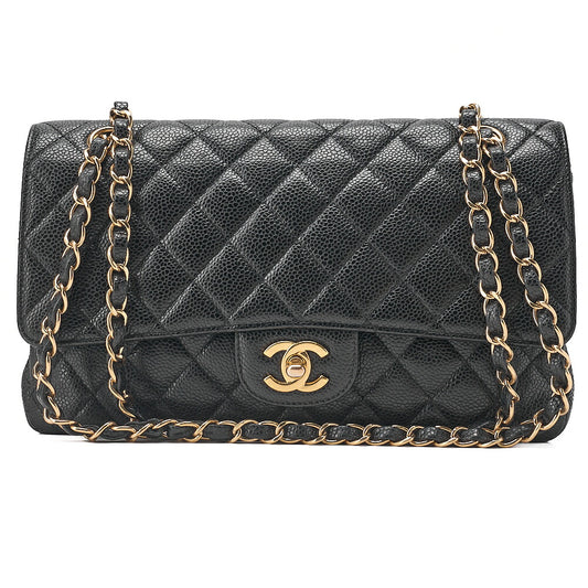 CHANEL Caviar Skin Matelasse Double Flap 25cm Chain Shoulder Black Gold-Tone Hardware, Pre-Owned