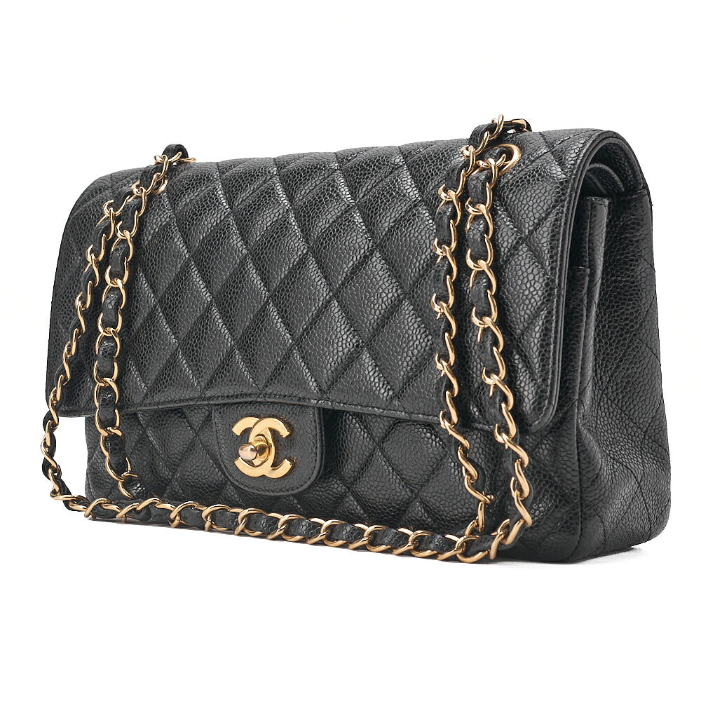 CHANEL Caviar Skin Matelasse Double Flap 25cm Chain Shoulder Black Gold-Tone Hardware, Pre-Owned