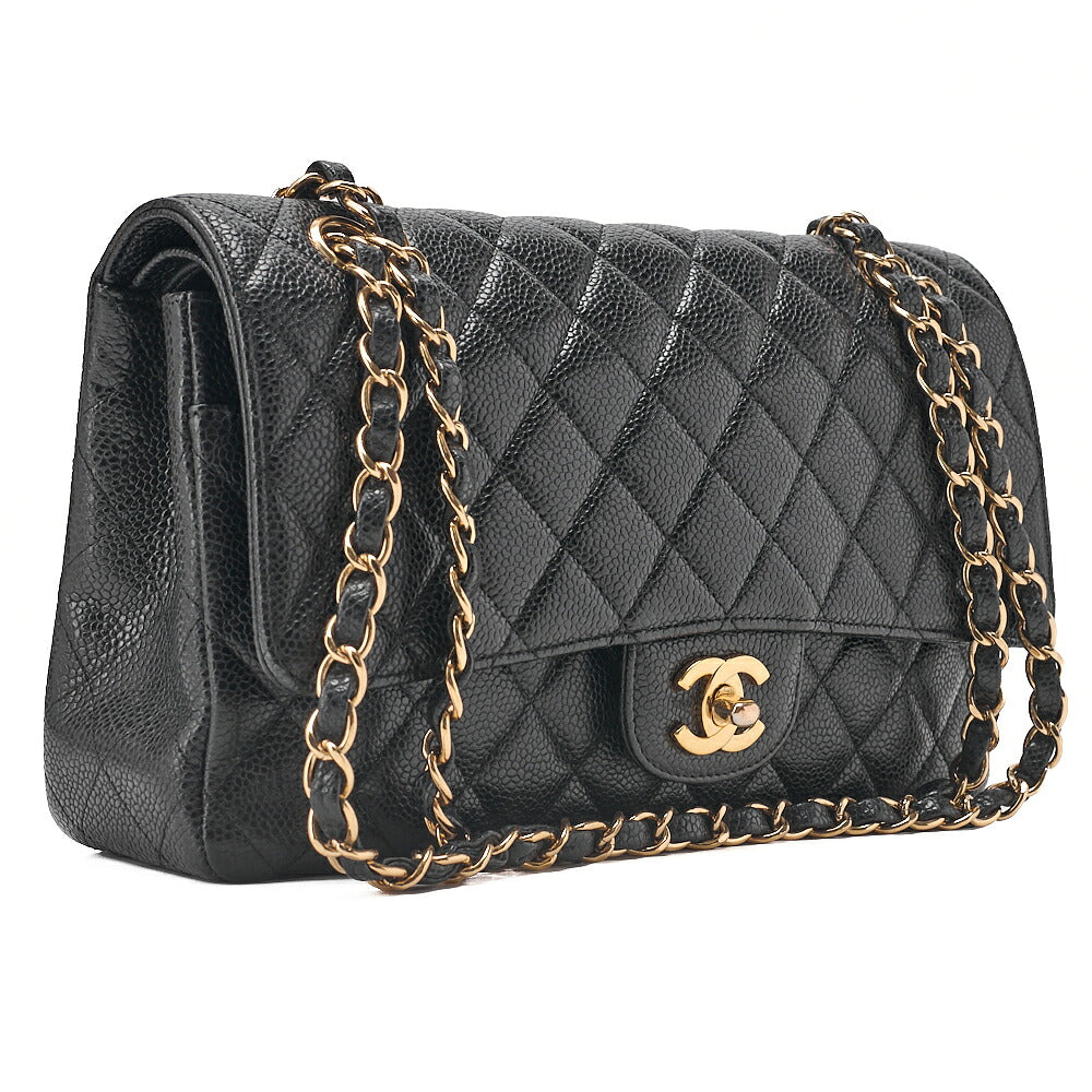CHANEL Caviar Skin Matelasse Double Flap 25cm Chain Shoulder Black Gold-Tone Hardware, Pre-Owned
