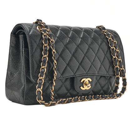 CHANEL Caviar Skin Matelasse Double Flap 25cm Chain Shoulder Black Gold-Tone Hardware, Pre-Owned