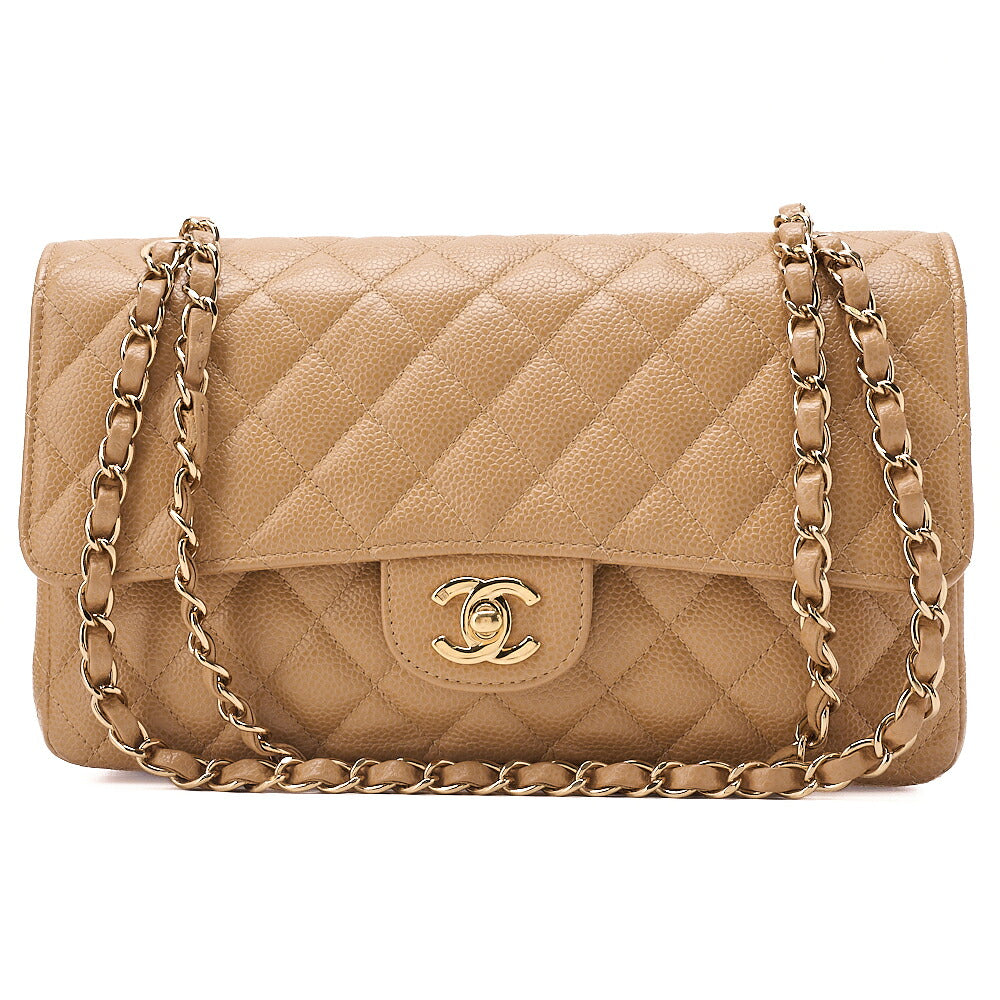 CHANEL Caviar Skin Matelasse Double Flap 25cm Chain Shoulder Beige Gold-Tone Hardware, Pre-Owned