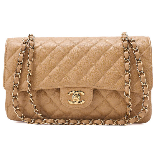 CHANEL Caviar Skin Matelasse Double Flap 25cm Chain Shoulder Beige Gold-Tone Hardware, Pre-Owned