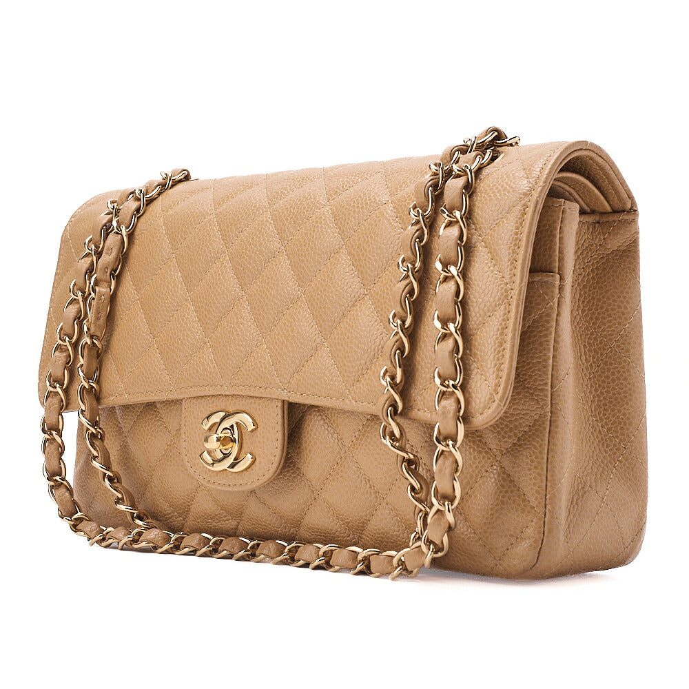 CHANEL Caviar Skin Matelasse Double Flap 25cm Chain Shoulder Beige Gold-Tone Hardware, Pre-Owned