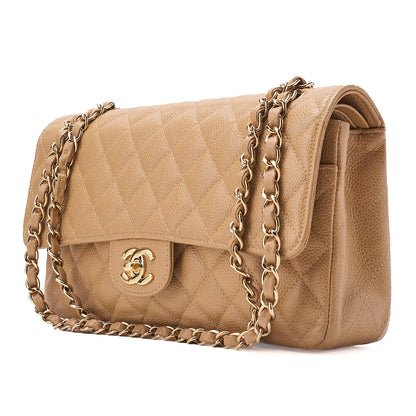 CHANEL Caviar Skin Matelasse Double Flap 25cm Chain Shoulder Beige Gold-Tone Hardware, Pre-Owned
