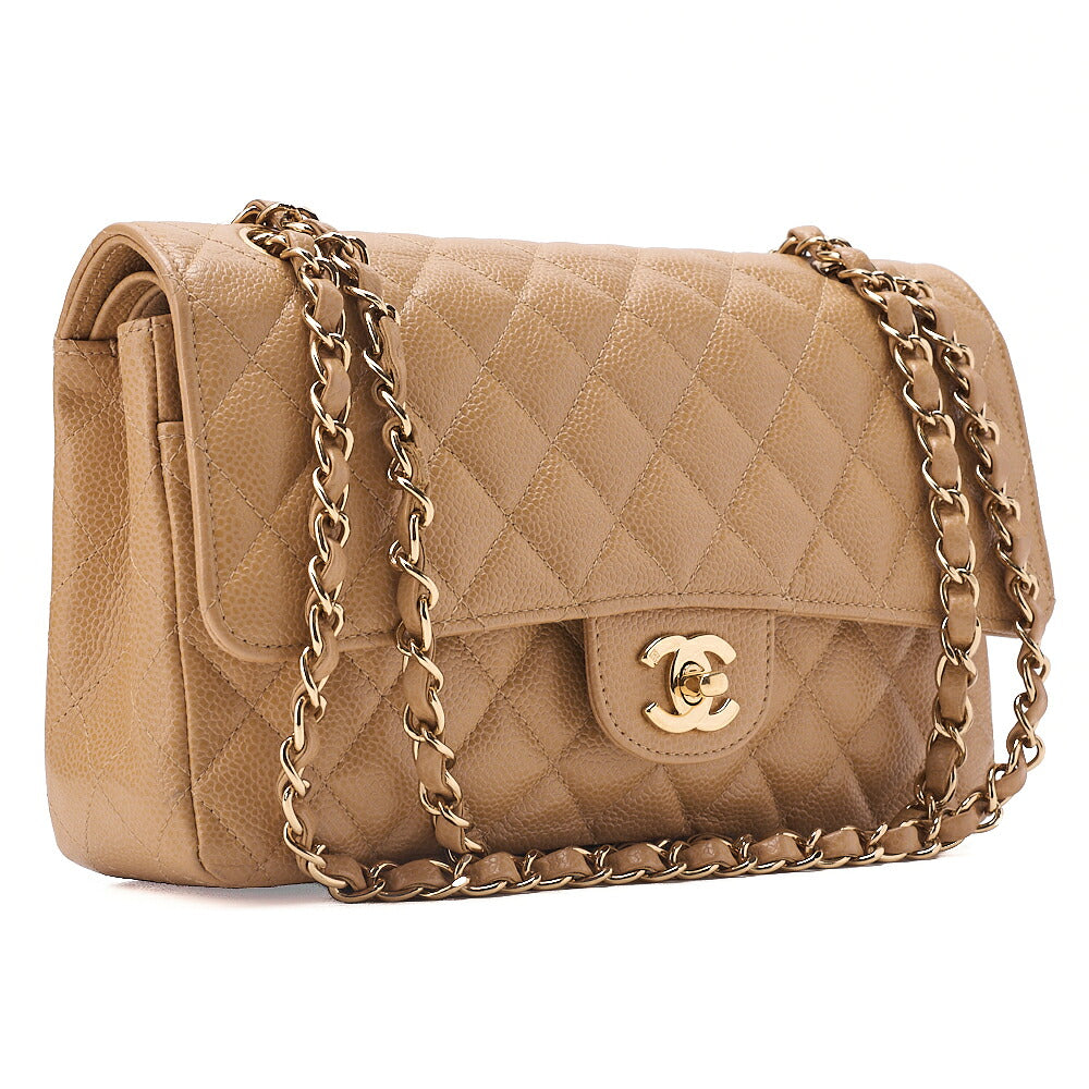 CHANEL Caviar Skin Matelasse Double Flap 25cm Chain Shoulder Beige Gold-Tone Hardware, Pre-Owned