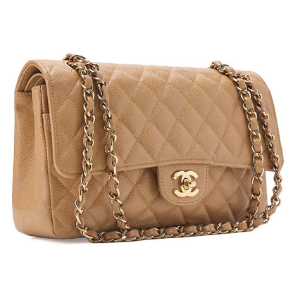 CHANEL Caviar Skin Matelasse Double Flap 25cm Chain Shoulder Beige Gold-Tone Hardware, Pre-Owned