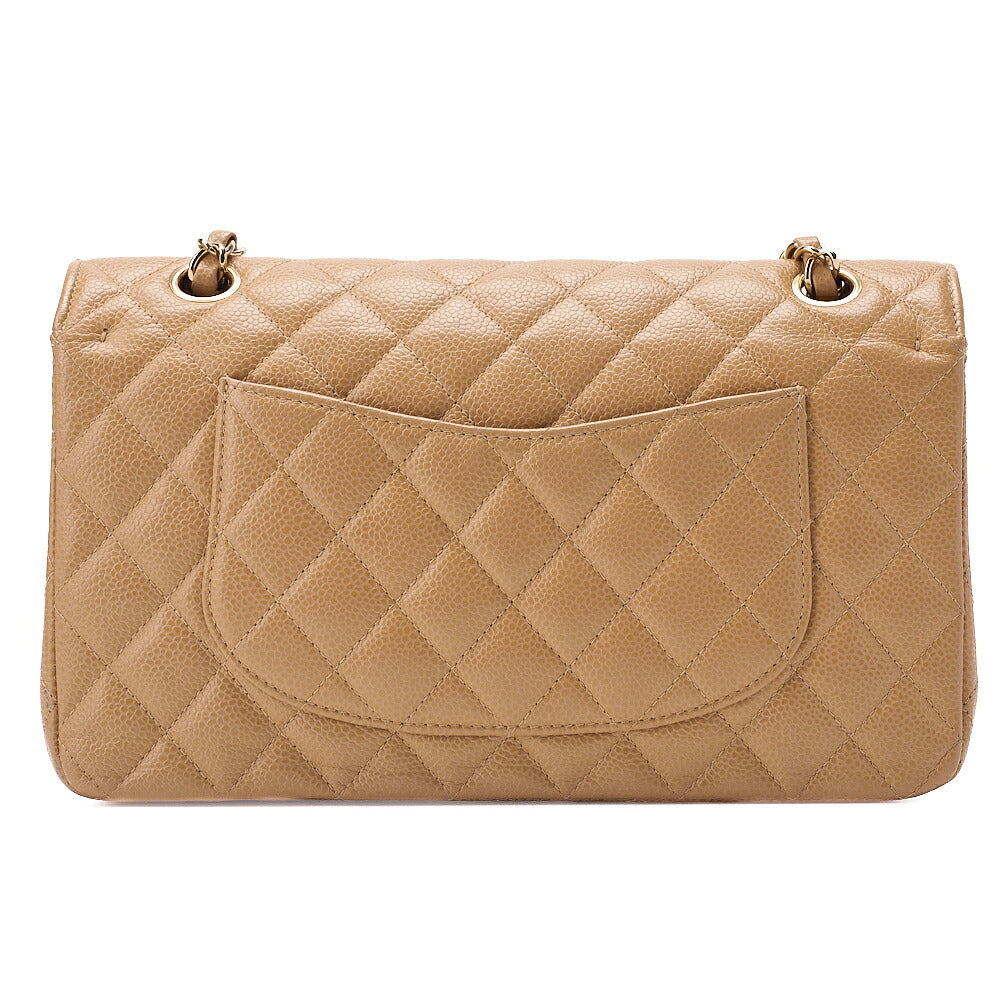 CHANEL Caviar Skin Matelasse Double Flap 25cm Chain Shoulder Beige Gold-Tone Hardware, Pre-Owned