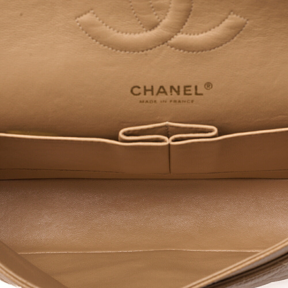 CHANEL Caviar Skin Matelasse Double Flap 25cm Chain Shoulder Beige Gold-Tone Hardware, Pre-Owned