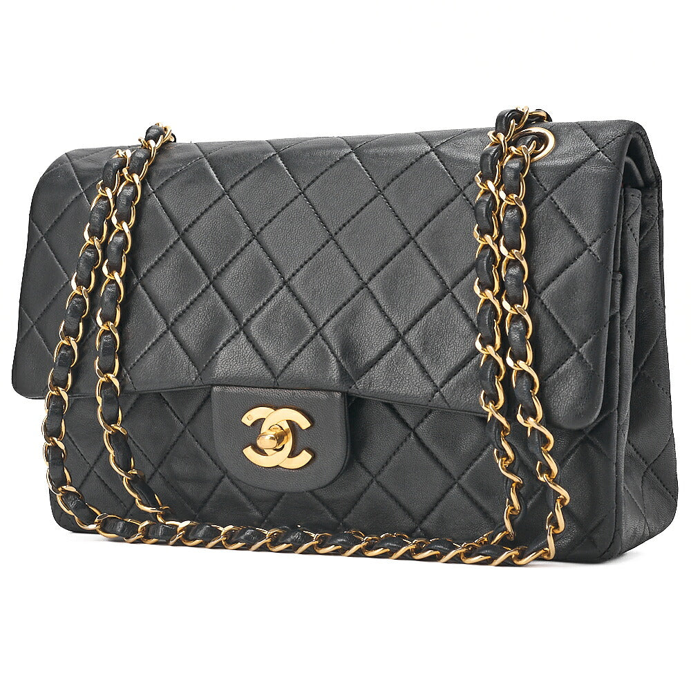 CHANEL Lambskin Matelasse Double Flap 25cm Chain Shoulder Black Gold-Tone Hardware, Pre-Owned