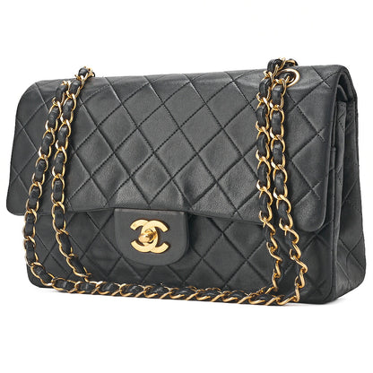 CHANEL Lambskin Matelasse Double Flap 25cm Chain Shoulder Black Gold-Tone Hardware, Pre-Owned