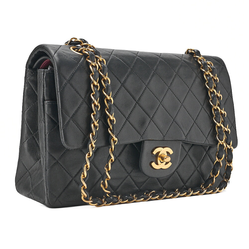 CHANEL Lambskin Matelasse Double Flap 25cm Chain Shoulder Black Gold-Tone Hardware, Pre-Owned