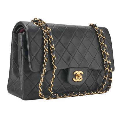 CHANEL Lambskin Matelasse Double Flap 25cm Chain Shoulder Black Gold-Tone Hardware, Pre-Owned