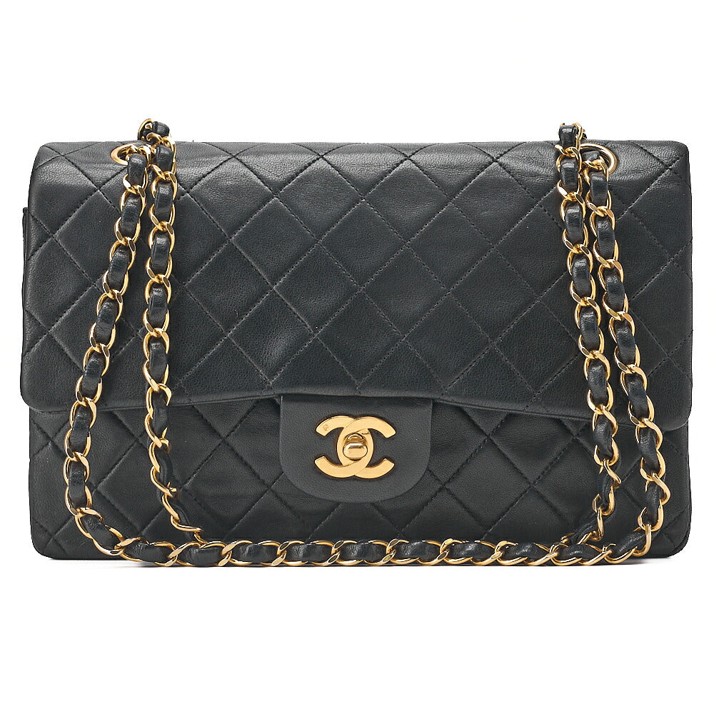 CHANEL Lambskin Matelasse Double Flap 25cm Chain Shoulder Black Gold-Tone Hardware, Pre-Owned