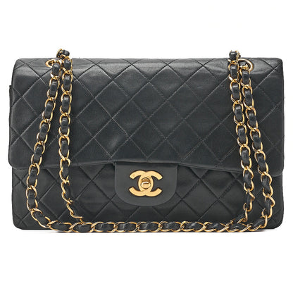 CHANEL Lambskin Matelasse Double Flap 25cm Chain Shoulder Black Gold-Tone Hardware, Pre-Owned