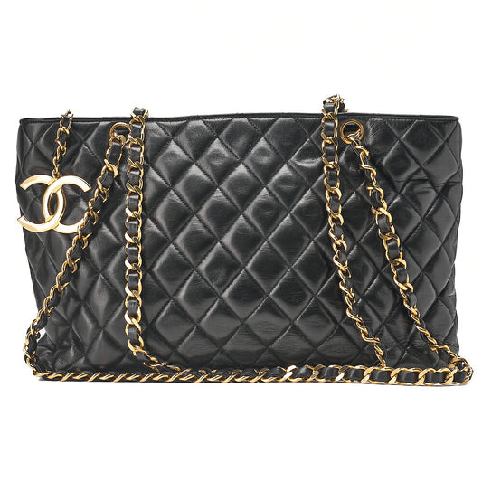 CHANEL Lambskin Matelasse with Coco Charm Chain Shoulder Black Gold-Tone Hardware, Pre-Owned