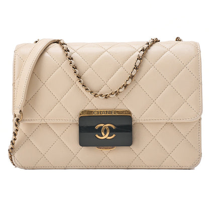 CHANEL Calfskin Matelasse Beauty Lock Single Flap Chain Shoulder Ivory Gold-Tone Hardware, Pre-Owned