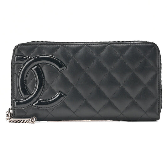 CHANEL Cambonline Matelasse Round Long Wallet Calfskin x Enamel Black Silver-Tone Hardware, Pre-Owned