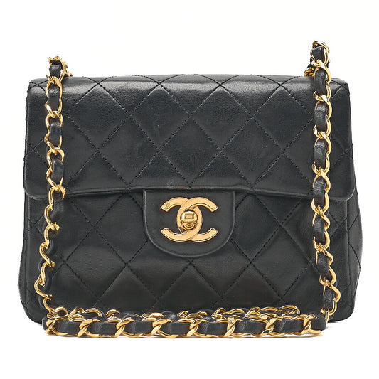 CHANEL Chain Shoulder Bag Mini Matelasse 18cm Turn Lock Lambskin Black Gold-Tone Hardware, Pre-Owned