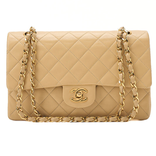 CHANEL Shoulder Bag Matelasse Double Flap 25cm Chain Shoulder Lambskin Beige Gold-Tone Hardware, Pre-Owned