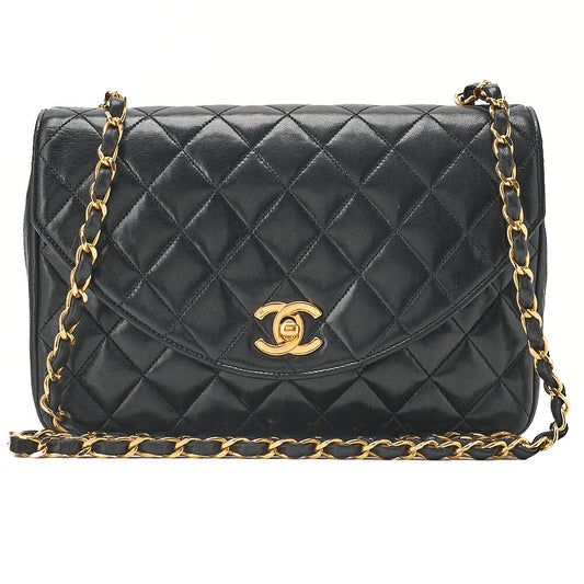 CHANEL Lambskin Matelasse Round Flap Chain Shoulder Black Gold-Tone Hardware, Pre-Owned