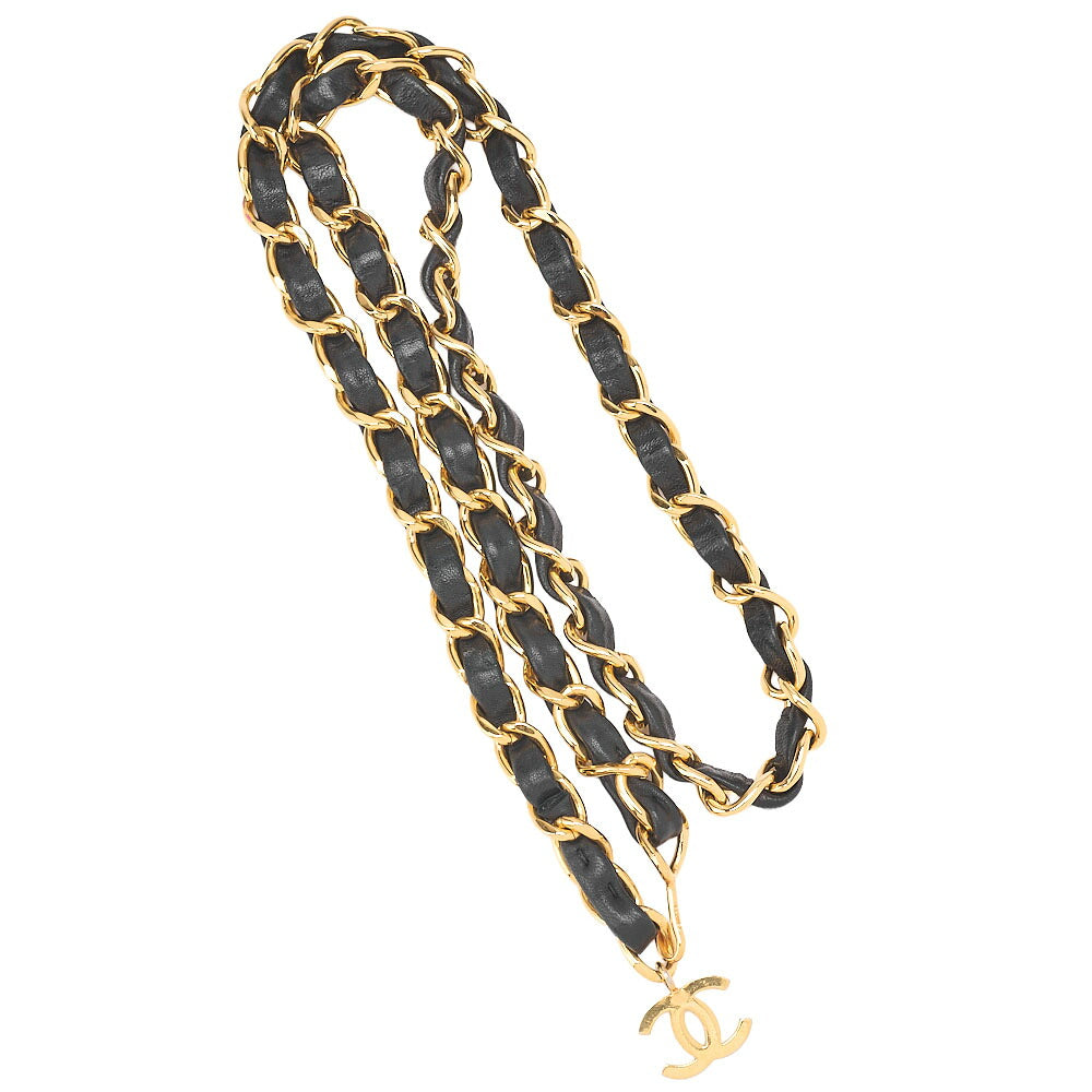 CHANEL Chain Belt with Coco Mark Charm GP x Leather Black x Gold (Gold Plating) Gold-Tone Hardware, Pre-Owned