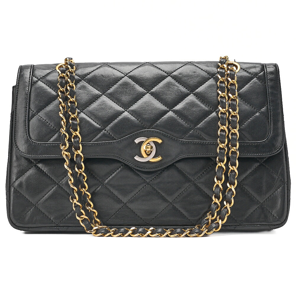 CHANEL Lambskin Matelasse Paris Limited Double Flap Chain Shoulder Bag Black Gold x Silver-Tone Hardware, Pre-Owned