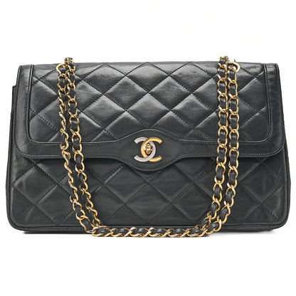 CHANEL Lambskin Matelasse Paris Limited Double Flap Chain Shoulder Bag Black Gold x Silver-Tone Hardware, Pre-Owned