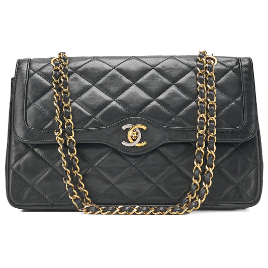 CHANEL Lambskin Matelasse Paris Limited Double Flap Chain Shoulder Bag Black Gold x Silver-Tone Hardware, Pre-Owned