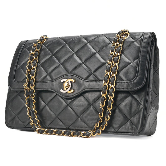 CHANEL Lambskin Matelasse Paris Limited Double Flap Chain Shoulder Bag Black Gold x Silver-Tone Hardware, Pre-Owned