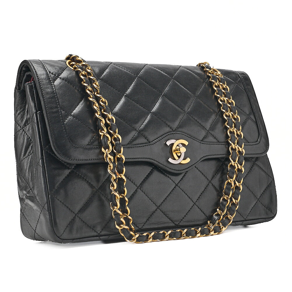 CHANEL Lambskin Matelasse Paris Limited Double Flap Chain Shoulder Bag Black Gold x Silver-Tone Hardware, Pre-Owned