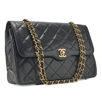 CHANEL Lambskin Matelasse Paris Limited Double Flap Chain Shoulder Bag Black Gold x Silver-Tone Hardware, Pre-Owned