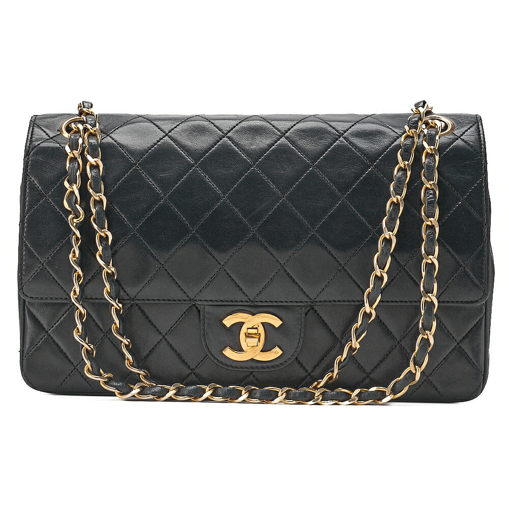 CHANEL Lambskin Matelasse Straight Flap Tang Lock Double Flap Chain Shoulder Bag Black Gold-Tone Hardware, Pre-Owned