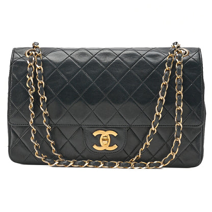CHANEL Lambskin Matelasse Straight Flap Tang Lock Double Flap Chain Shoulder Bag Black Gold-Tone Hardware, Pre-Owned